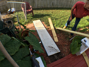 Old fiberglass diving board used as a temporary walkway before the concrete forms