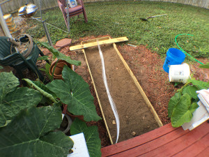 Fiber strands laid out in the form before concrete hit the board