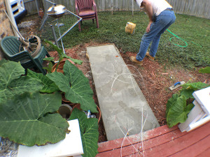 Fiber strand bundles tied together with zip ties to keep them above wet concrete