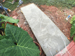 Close-up of grouped fiber strands held in place during the pour