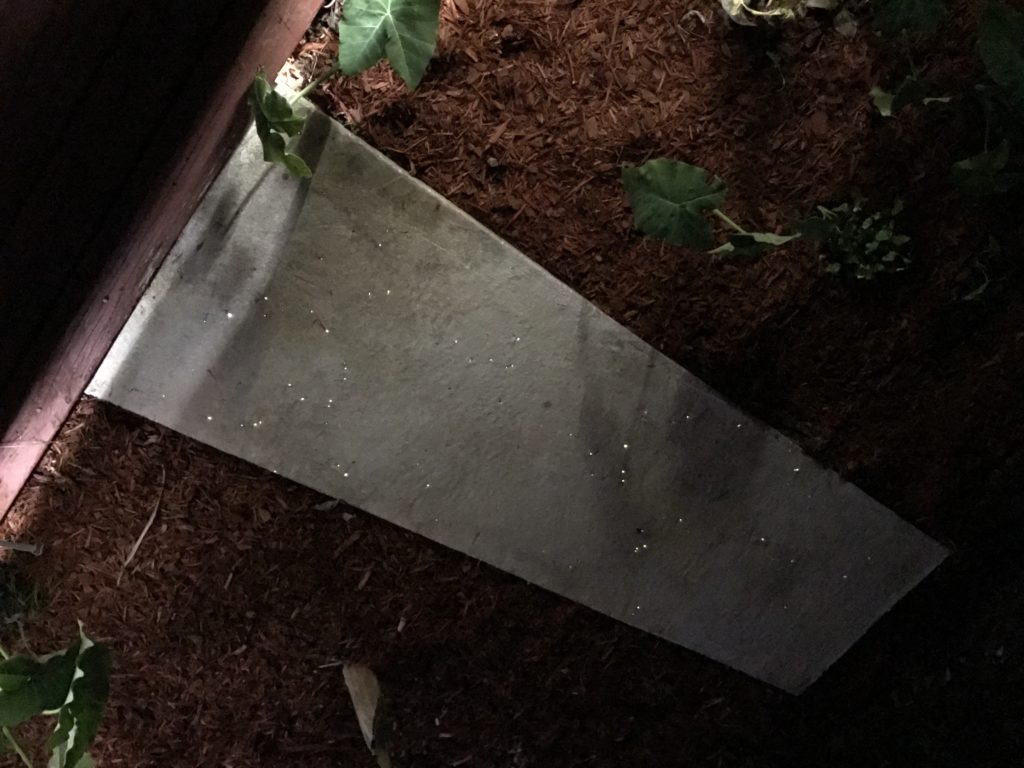 Side angle of the finished sidewalk near the deck and grill area