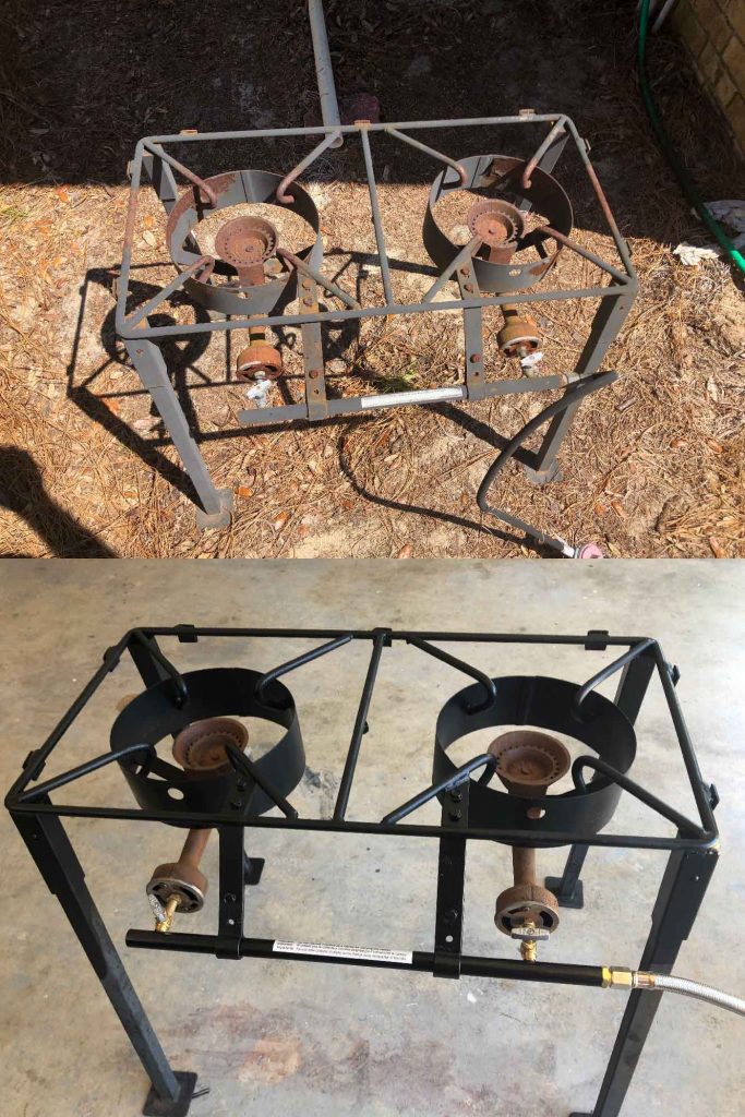 Before and after comparison of the restored King Kooker CS29 propane cooker