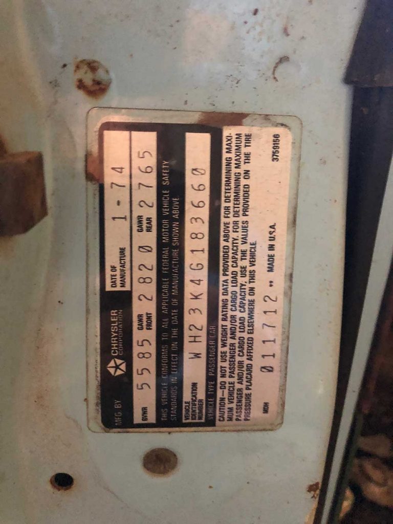 1974 Dodge Charger V8 Barn Find Manufacture Door Tag